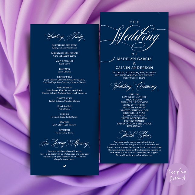 Programa Ordem de Cerimônia de Casamento Elegância Clássica (Classic Elegance Wedding Ceremony Order Thank you Program Card in navy Blue)