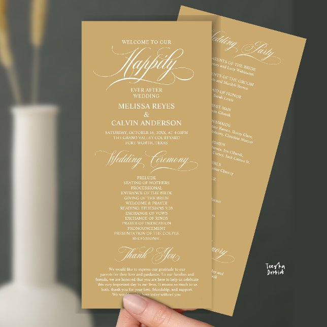 Programa Ordem de Cerimônia de Casamento Elegante, Champanh (Elegant Wedding Ceremony Order, Program Card in Classy Champagne Gold)