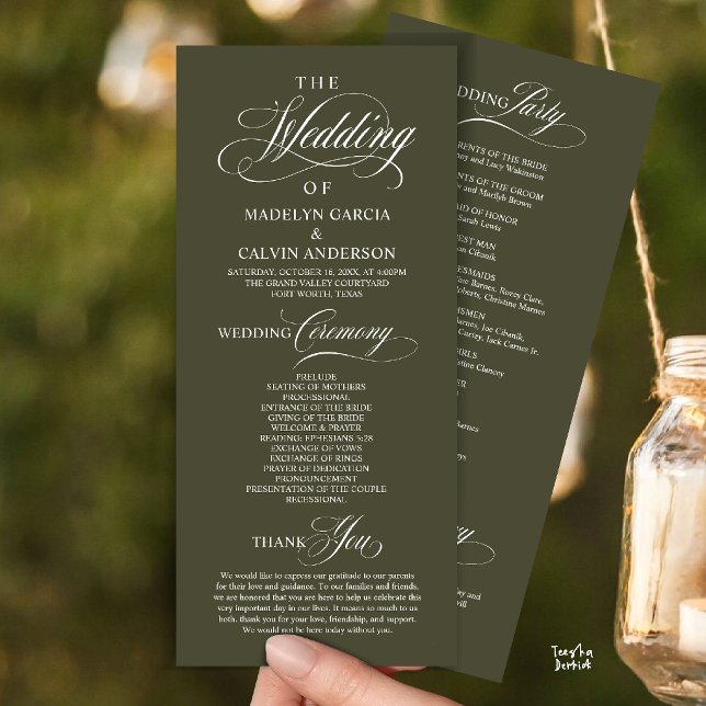 Programa Ordem de Cerimônia de Casamento Elegante e Sofisti (Elegant Classy Gold Script Wedding Ceremony Order Program Card in Olive Green)