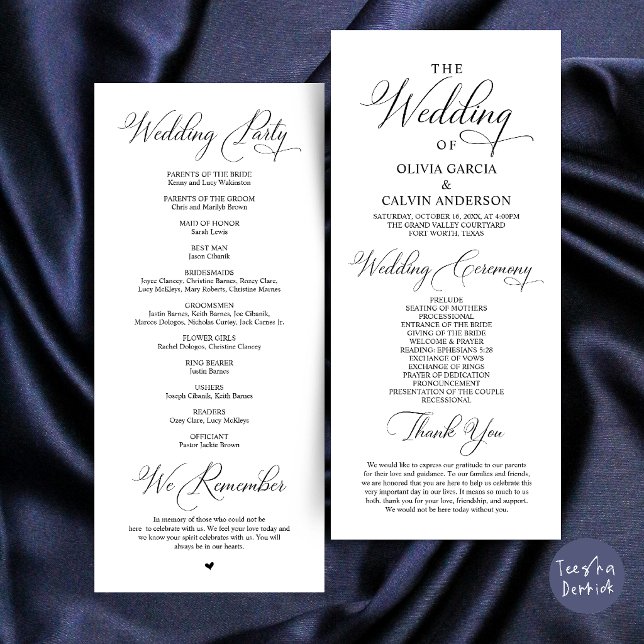 Programa Ordem de Cerimônia de Casamento Moderna e Elegante (Modern Elegant Classy Wedding Ceremony Order Program Card in Black and White)