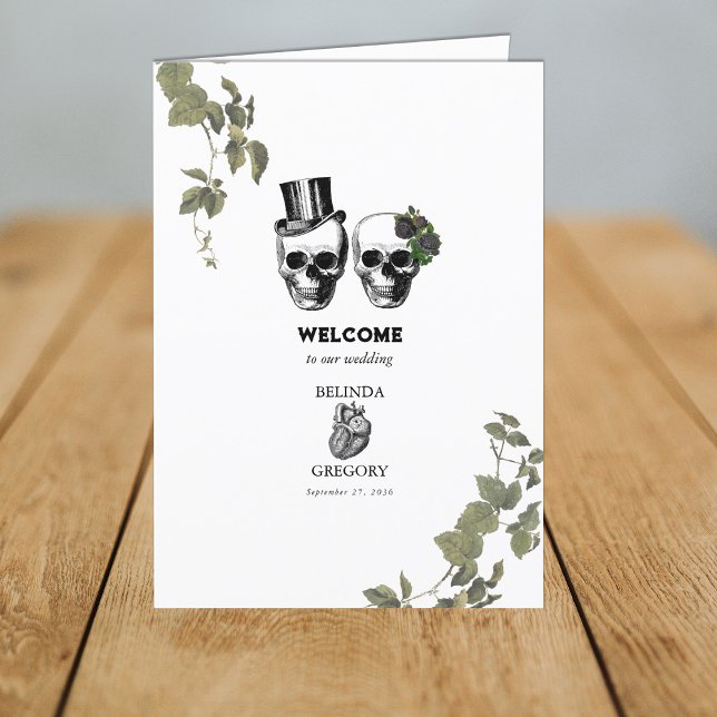 Programa Ordem de Serviço de Casamento de Caveira Floral de (Gothic Heart Floral Skull Wedding Order of Service Program)