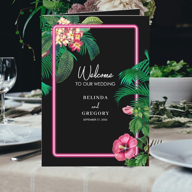 Programa Ordem de Serviço de Casamento Tropical Neon Pink (Neon Pink Tropical Retro Wedding Order of Service Program)