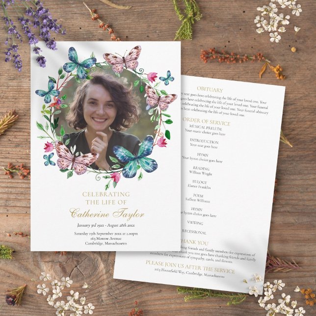 Programa Ordem de Serviço de Funeral com Foto de Borboletas (Butterflies Photo Funeral Order Of Service Program)