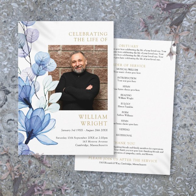 Programa Ordem de Serviço de Funeral Memorial Floral Azul (Blue Floral Memorial Funeral Order Of Service Program)