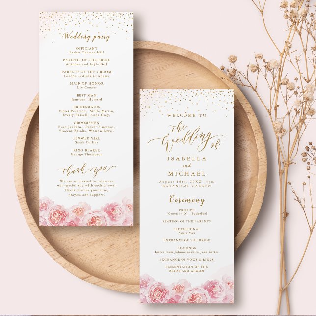 Programa Ouro para caligrafia elegante e casamento floral p (Elegant calligraphy gold & blush floral wedding program)