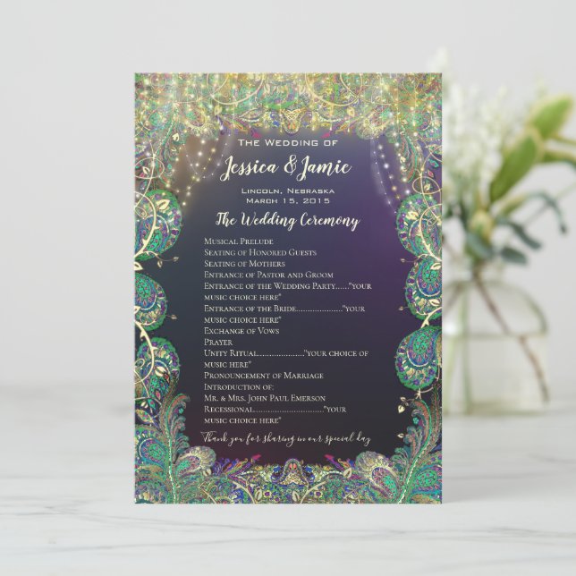 Programa Paisley Peacock Colors Wedding (Em pé/Frente)