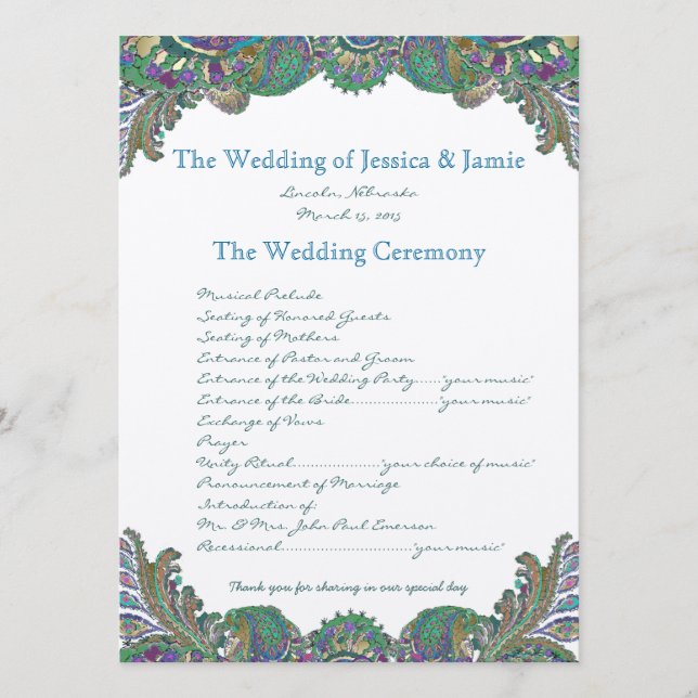 Programa Paisley Peacock Colors Wedding (Frente)