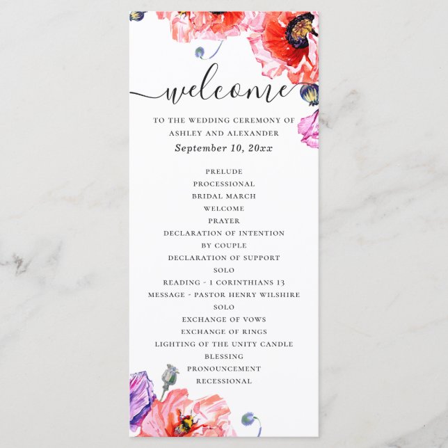 Programa Papoulas. Casamento floral vermelho elegante aquar (Frente)