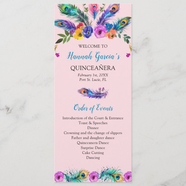 Programa Peacock Quinceañera Ordem de Events-Honor Court (Frente)