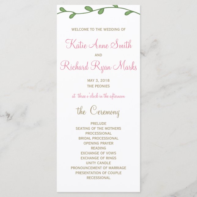 Programa Peony Floral Order/Wedding Program Card (Frente)