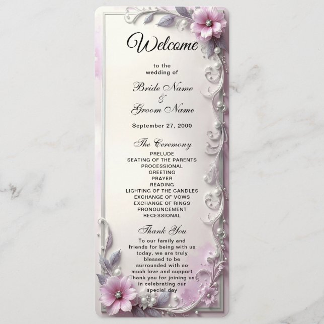 Programa Pink Floral Frame Wedding  (Frente)