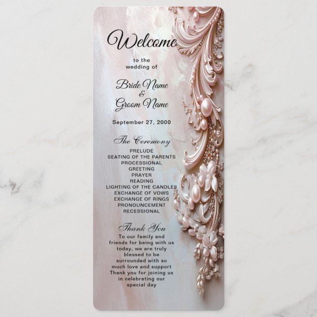 Programa Pink Ornate Pearl and Floral Wedding Program (Frente)