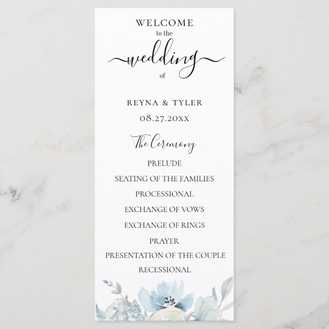 Programa Poeira Azul Pastel Aquarela Casamento Floral (Frente)