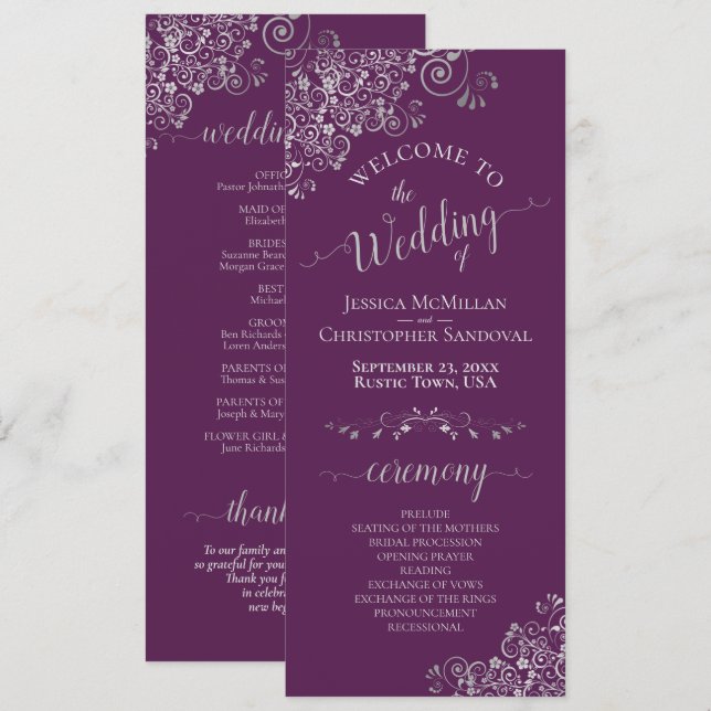 Programa Prata Elegante no Casamento Simples de Plum Purple (Frente/Verso)