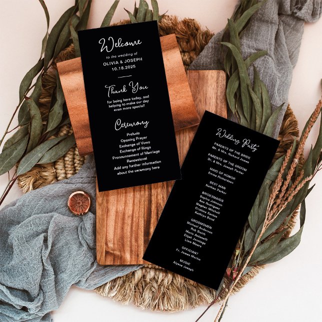 Programa Preto-branco e doce | Casamento (An elegant black wedding program with white whimsical script)