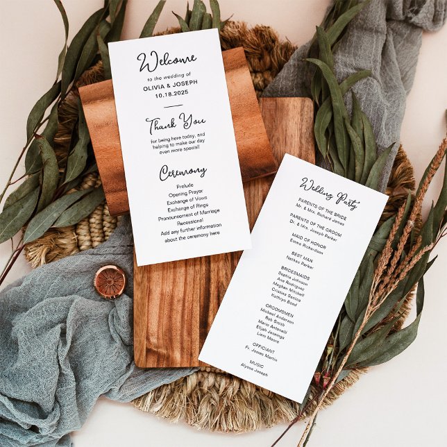 Programa Preto e branco suave | Casamento (An elegant, black and white wedding program with whimsical script)