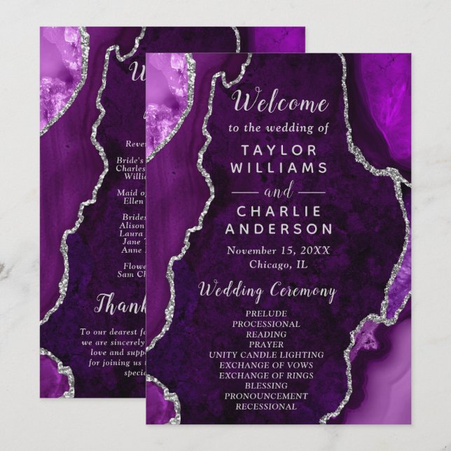Programa Purple and Silver Agate Wedding Program (Frente/Verso)
