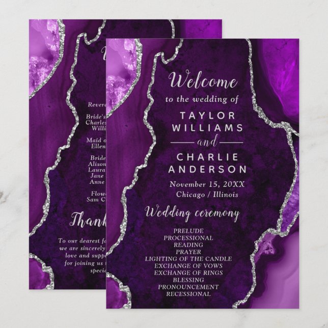 Programa Purple and Silver Agate Wedding Program (Frente/Verso)
