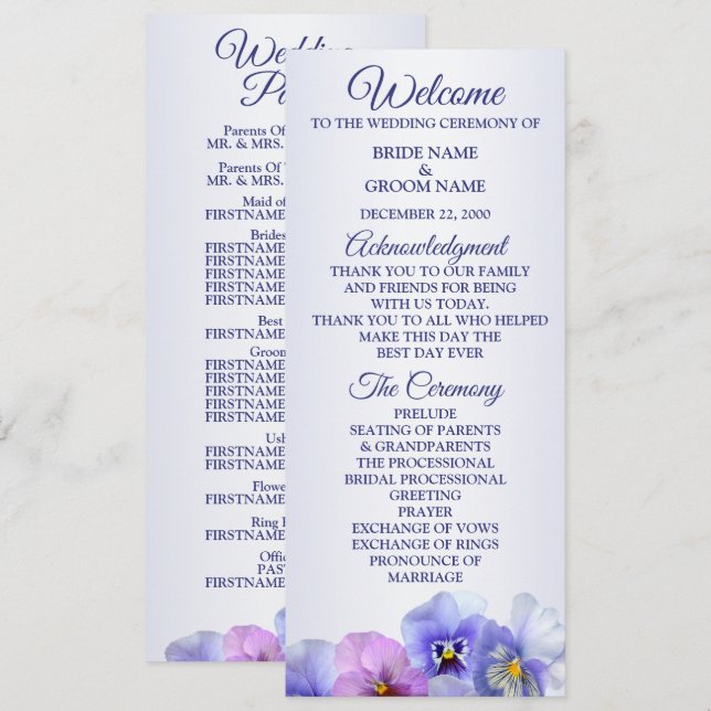 Programa Purple Pink Lilac Pansy Floral Rustic Wedding (Frente/Verso)