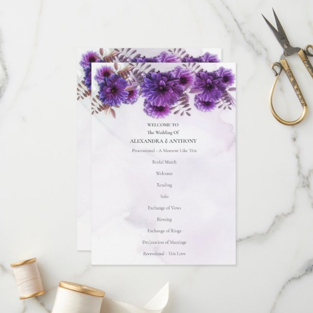 Programa Purple Watercolor Chrysanthemum Wedding (Frente/Verso In Situ)