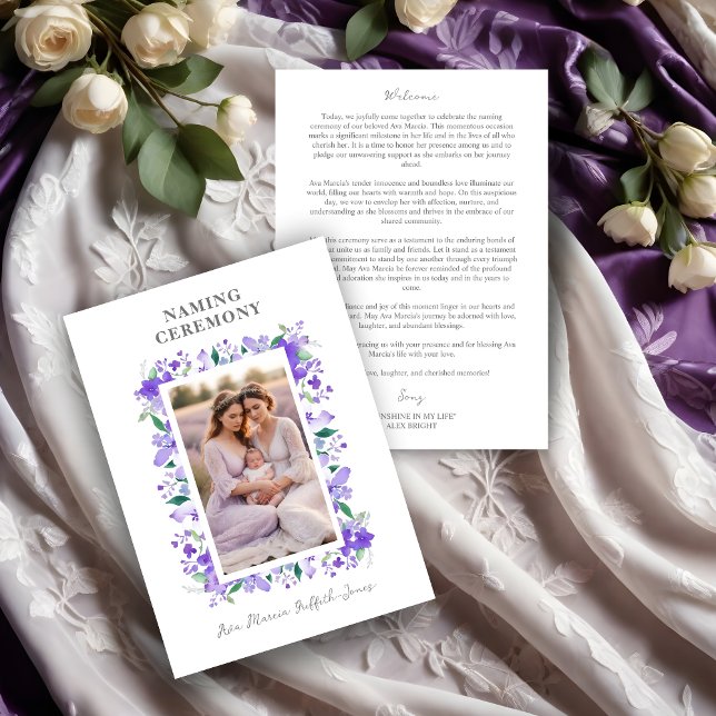 Programa Quadro Floral Romântico Tons Roxos 2 Fotos (Romantic Floral Frame in Purple Shades with 2 Photos Naming Ceremony Template Program Card.)