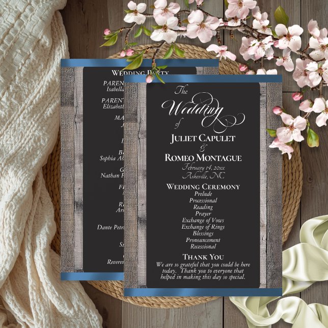 Programa Quadro Negro em Madeira e Fita Azul - Casamento (Criador carregado)
