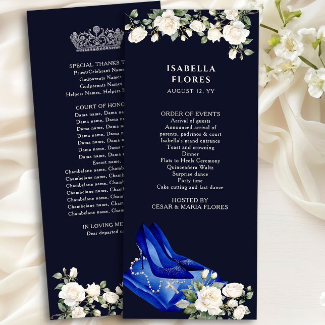 Programa Quinceanera Azul Elegante Meia-Noite Tiara e Rosas (Mis Quince Program from the Princess Dress and Roses Quinceanera collection by Darling & May)