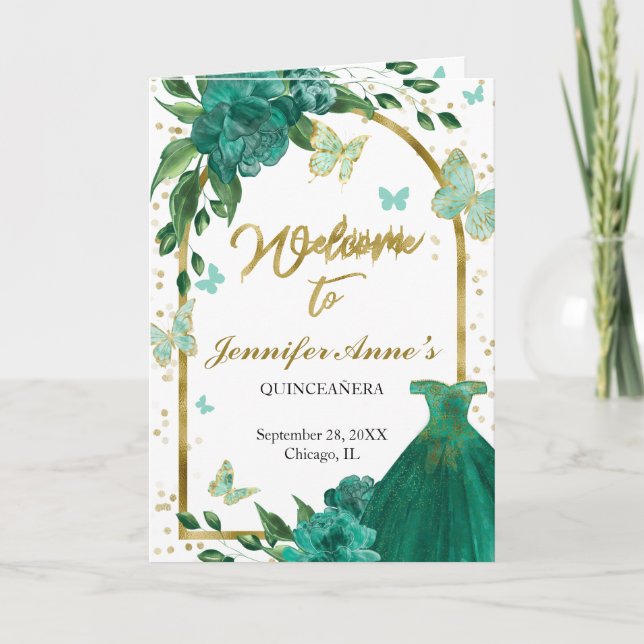 Programa Quinceanera Butterflys Emerald Green Gown Programs (Frente)