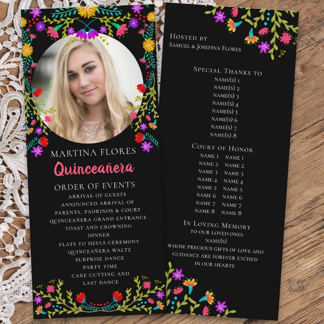 Programa Quinceanera Floral Mexicana Fiesta Black Foto (Quinceanera order of events with custom photo and colorful mexican fiesta flowers on black)