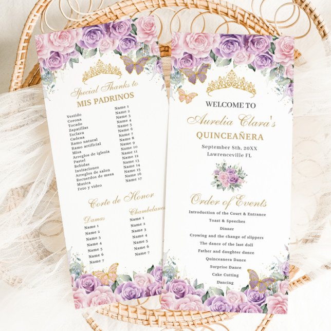 Programa Quinceañera Floral Rosa Púrpura Ordem dos Aconteci (purple lilac lavender and pale pink roses floral quinceanera order of events padrinos program cards)