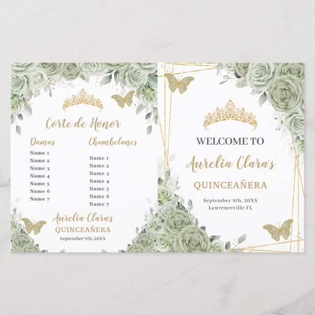 Programa Quinceanera Floral Verde Sage Orçamento (Frente)