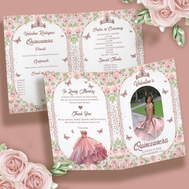 Programa Quinto-Cânera Floral Cor-de-Água Rosa Esbranquiçad (Spanish Photo Rose Gold Blush Pink Quinceanera Program)