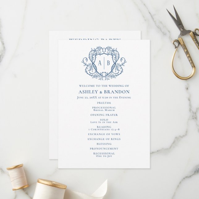 Programa Rambling Rose Steel Blue Crest Monograma Casamento (Frente/Verso In Situ)