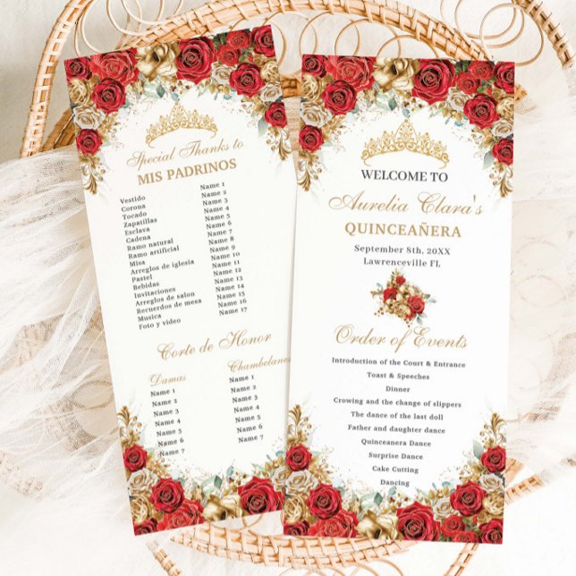 Programa Red and Gold Floral Quinceanera Order of Events (Criador carregado)