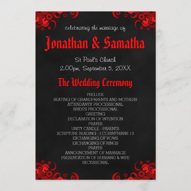 Programa Red Floral Black Chalkboard Gothic Wedment Program (Frente)