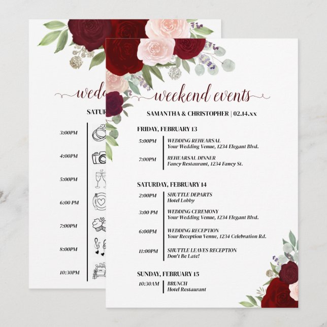 Programa Red & Pink Boho Roses Wedding Events & Timeline (Frente/Verso)