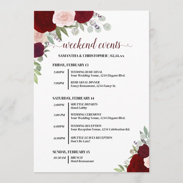 Programa Red & Pink Boho Roses Wedding Events & Timeline (Frente)