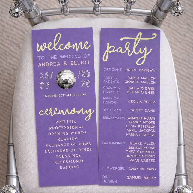 Programa Retro Purple Spring Disco Wedding Ceremony Program (Criador carregado)