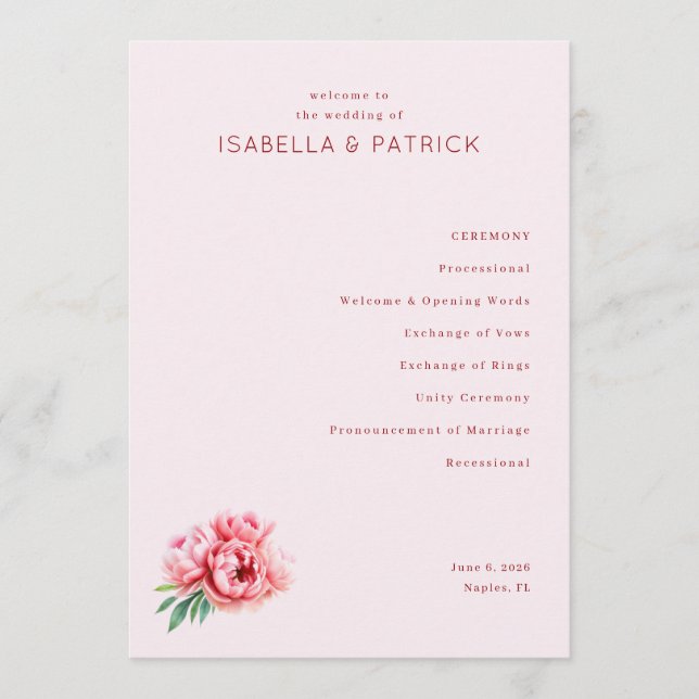 Programa Romantic Pink Floral Wedding Ceremony Program (Frente)
