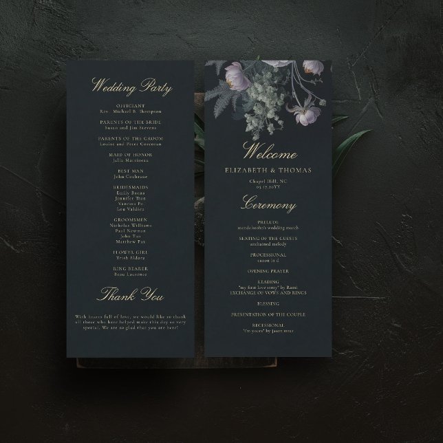 Programa Romântico de Casamento de Florais de Mood (dark moody wedding ceremony program purple dusty peony floral painting romantic gothic winter)