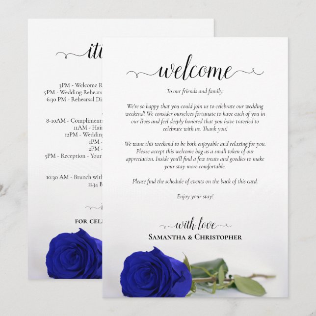 Programa Rosa Azul Real Chic Casamento Bem-vindo & Itinerár (Frente/Verso)