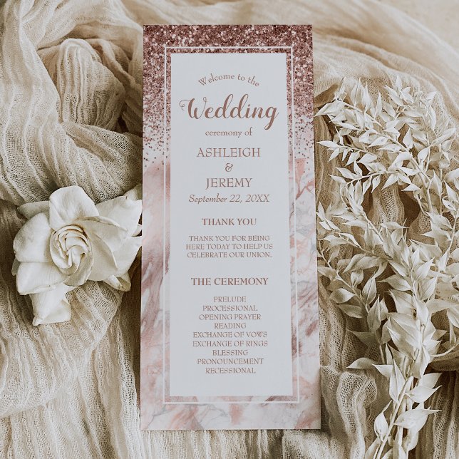 Programa Rosa Dourado Falso Brilho Mármore Script Casamento (Criador carregado)