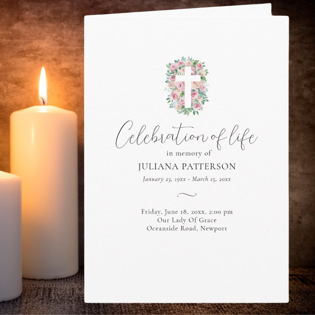 Programa Rosa Floral Cross Photo Funeral Order (Criador carregado)