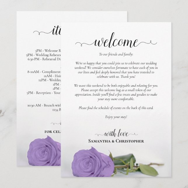 Programa Rosa Roxa Lavanda Casamento Boas-Vindas & Itinerár (Frente/Verso)
