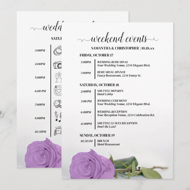 Programa Rosa Roxa Lilás Eventos de Casamento & Cronograma (Frente/Verso)