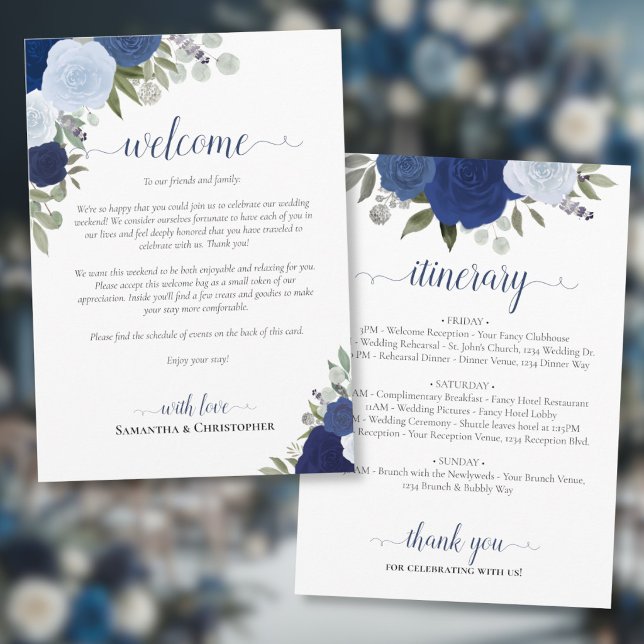 Programa Rosas Azuis Boho Casamento Bem-vindo & Itinerário (Front/Back)