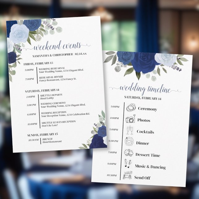 Programa Rosas Azuis Boho Casamento Eventos & Cronograma (Front/Back)