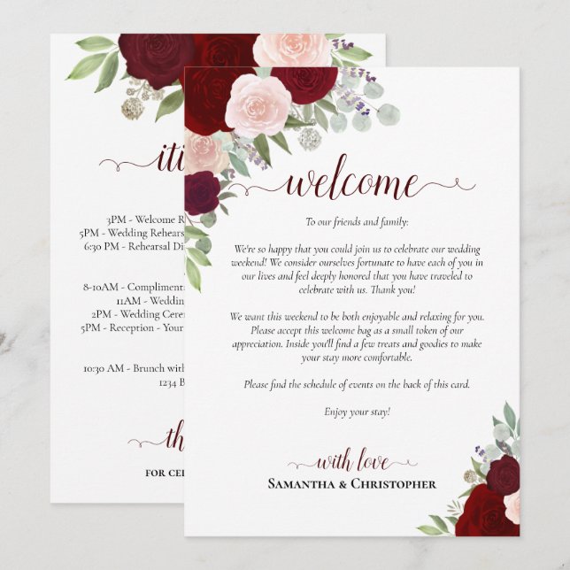Programa Rosas Bege Borgonha Casamento Bem-vindo & Itinerár (Frente/Verso)