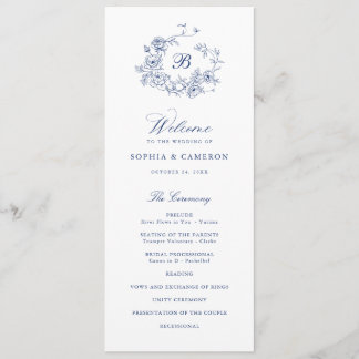 Programa Rosas Florais Elegantes Casamento de Monograma Azu