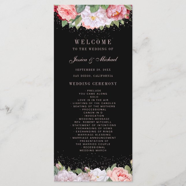 Programa Rosas Florais Elegantes Casamento Preto Rosa (Frente)